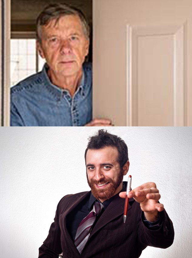 Image collage of old man warily opening door and bail-bondsman with pen.