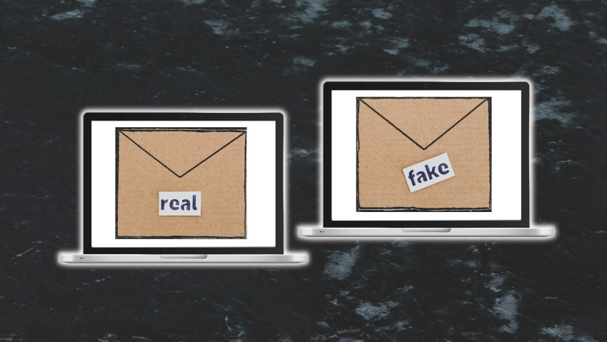 Image showing two laptop screens with the words, "Real" and "Fake" written over email icons.