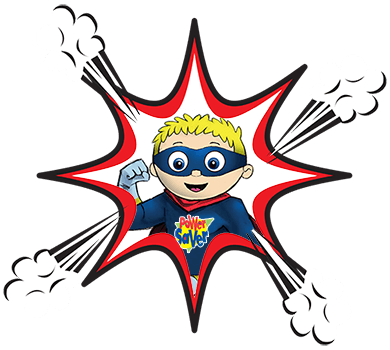 cartoon of power saver superhero mascot Benny in a burst