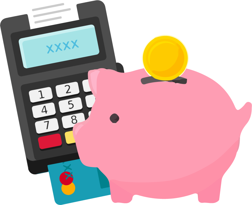 calculator, piggy bank with coin, and debit card cartoon