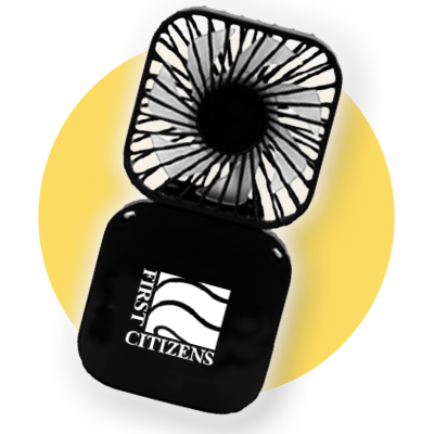 black personal fan with FCB logo on it