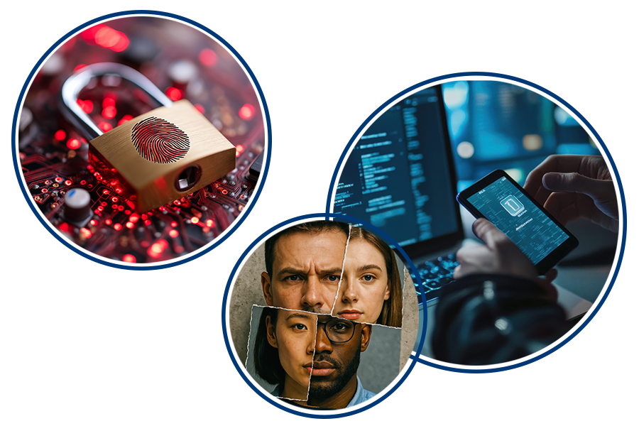 fraud prevention including paddle lock, keyboard, person stealing info on computer, and multiple faces representing one person