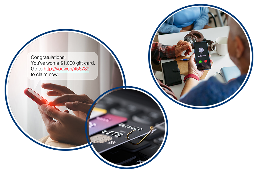 scams including text messaging, phone calls, and stolen credit card