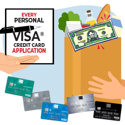 credit card application with grocery bag full of groceries graphic