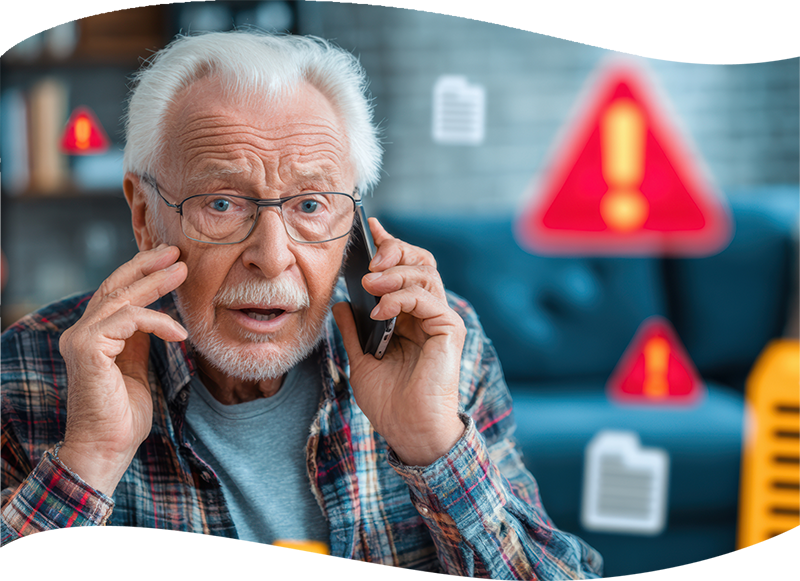 worried elderly man on pone with scammer