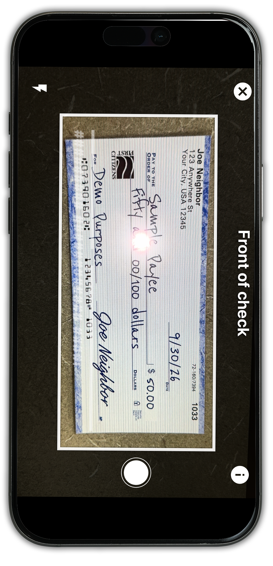 smartphone showing preview of taking a photo of a check for mobile deposit