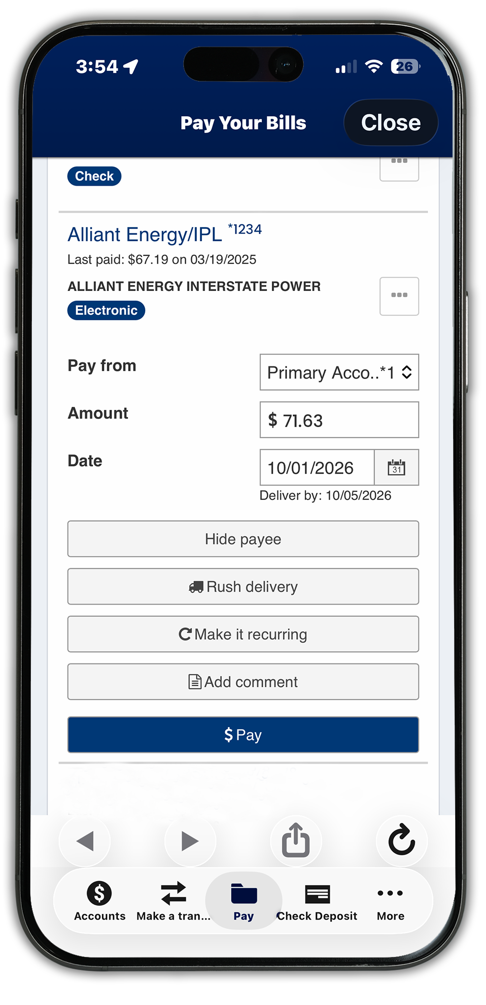 smartphone showing preview of paying a bill